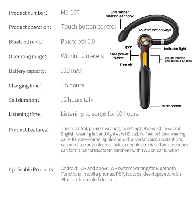 HiFi Earphones Bluetooth Headphones Handsfree Wireless Headset Business Headset Drive Call Sports Earphones for Smartphone
