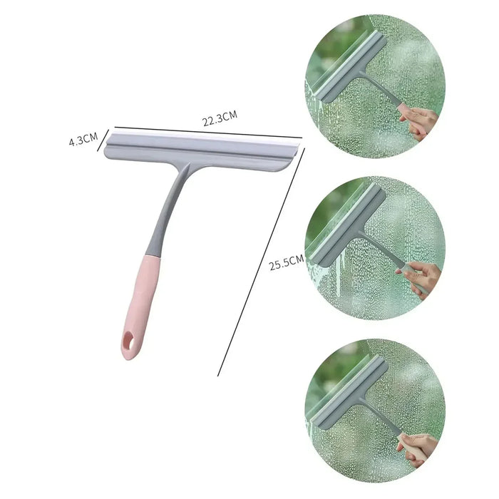 A bathroom shower squeegee for cleaning shower doors and car windows, an efficient surface cleaning tool.