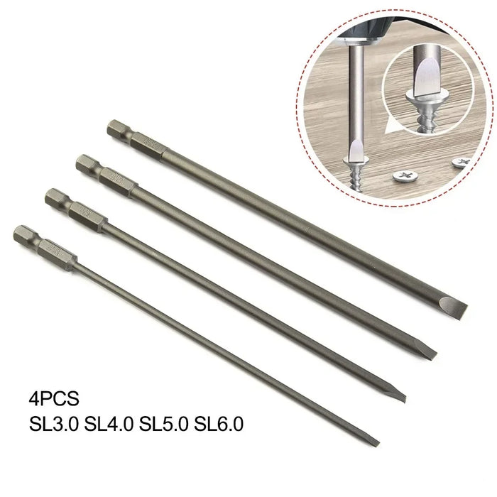 4 Pcs Slotted Screwdriver Bit 100mm 3mm-6mm Magnetic Flat Head 1/4'' Hex Shank Screw Driver For Hand Repair Tools Accessories
