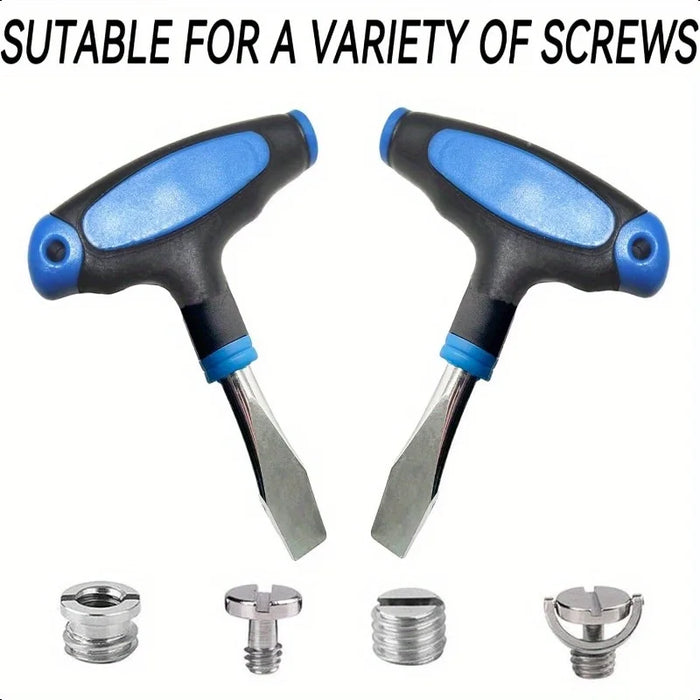 Compact T-Handle Flat Head Screwdriver with 10mm Blade – Ergonomic Black & Blue Handle for Quick Release Plates, Camera Tripods