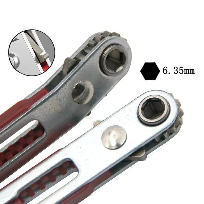 Biaxial front/reverse multifunctional screwdriver - combines an elbow flat-head wrench, cross and slotted heads.